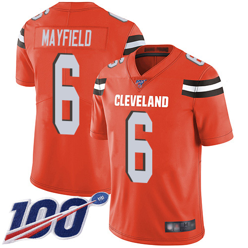 Cleveland Browns Baker Mayfield Men Orange Limited Jersey #6 NFL Football Alternate 100th Season Vapor Untouchable